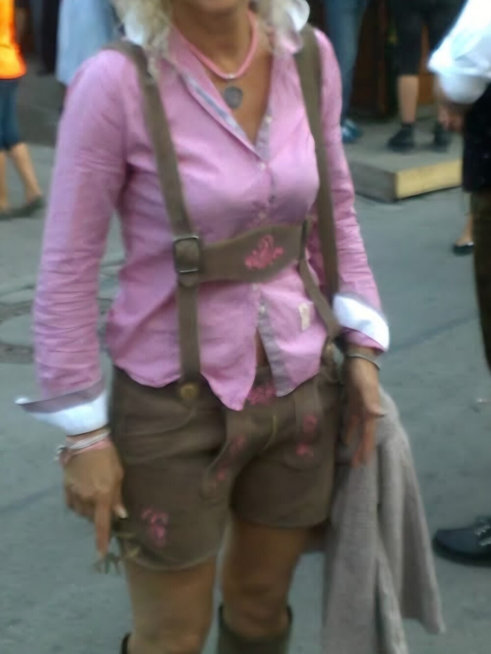 Women’s Pink Shirt with Brown Lederhosen-Style Shorts